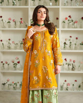 Exclusive Yellow & Green Crep Silk Embroidery Work Farshi Suit With Dupatta