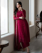 Exclusive Cherry Red Soft Georgette Embroidery Work Pakistani Suit With Dupatta