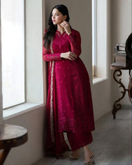 Exclusive Cherry Red Soft Georgette Embroidery Work Pakistani Suit With Dupatta