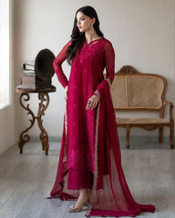 Exclusive Cherry Red Soft Georgette Embroidery Work Pakistani Suit With Dupatta