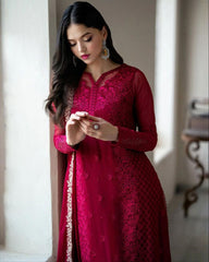 Exclusive Cherry Red Soft Georgette Embroidery Work Pakistani Suit With Dupatta