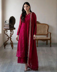 Exclusive Cherry Red Soft Georgette Embroidery Work Pakistani Suit With Dupatta