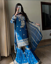 Exclusive Blue Georgette Embroidery Work Gharara Suit With Dupatta
