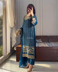 Blue Chinon Silk Embroidery Work Pakistani Suit With Dupatta