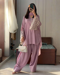 Lavender Pink Satin Silk Embroidery Work Farshi Suit With Dupatta