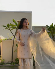 Ivory Satin Silk Embroidery Work Farshi Suit With Dupatta