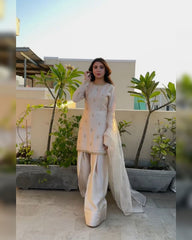 Ivory Satin Silk Embroidery Work Farshi Suit With Dupatta