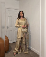 Ivory Golden Satin Silk Embroidery Work Farshi Suit With Dupatta
