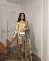 Ivory Golden Satin Silk Embroidery Work Farshi Suit With Dupatta