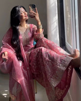 Exclusive Peach Silk Embroidery Work Palazo Suit With Dupatta