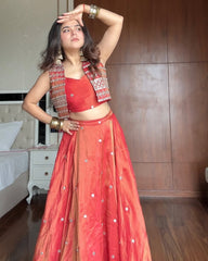 Exclusive Rust Orange Silk Sequence Work Lehenga Choli With Koti