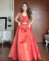 Exclusive Rust Orange Silk Sequence Work Lehenga Choli With Koti