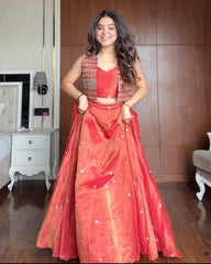 Exclusive Rust Orange Silk Sequence Work Lehenga Choli With Koti