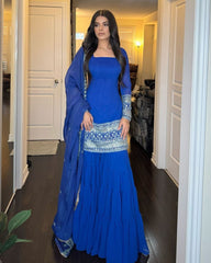 Ready To Wear Blue Georgette Embroidery Work Sharara Suit With Dupatta