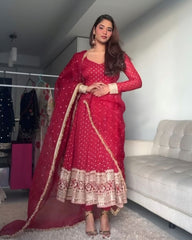 Red Georgette Embroidery Work Anarkali Suit With Dupatta