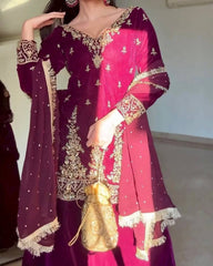 Wine Soft Georgette Embroidery Work Palazo Suit With Dupatta