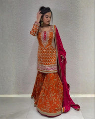 Orange Soft Georgette Embroidery Work Gharara Suit With Dupatta