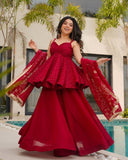 Exclusive Red & Beige Organza Embroidered Sharara Suit With Dupatta