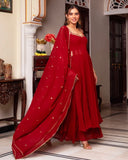 Exclusive Red Georgette Embroidered Nayra-Cut Suit With Dupatta