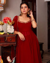 Ready To Wear Dark Red Soft Georgette Embroidery Work Nayra-Cut Sharara Suit With Dupatta