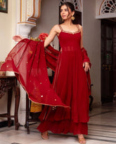 Ready To Wear Dark Red Soft Georgette Embroidery Work Nayra-Cut Sharara Suit With Dupatta
