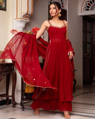 Ready To Wear Dark Red Soft Georgette Embroidery Work Nayra-Cut Sharara Suit With Dupatta