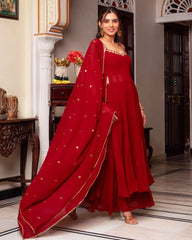 Ready To Wear Dark Red Soft Georgette Embroidery Work Nayra-Cut Sharara Suit With Dupatta