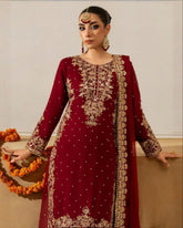 Designer Maroon Soft Georgette Embroidery Work Palazo Suit With Dupatta