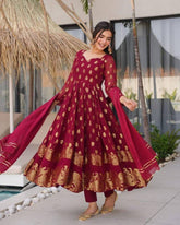 Ready To Wear Maroon Red Silk Embroidery Work Anarkali Suit With Dupatta