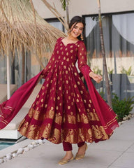 Ready To Wear Maroon Red Silk Embroidery Work Anarkali Suit With Dupatta