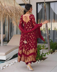 Ready To Wear Maroon Red Silk Embroidery Work Anarkali Suit With Dupatta