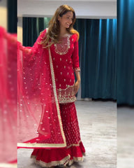 Ready To Wear Pink Soft Georgette Embroidery Work Gharara Suit With Dupatta