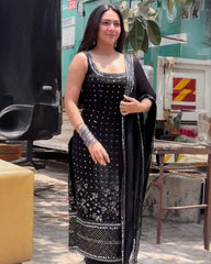 Ready To Wear Black Soft Georgette Embroidery Work Pant Suit With Dupatta
