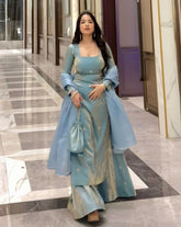 Ready To Wear Cyan Fandy Silk Embroidery Work Palazo Suit With Dupatta