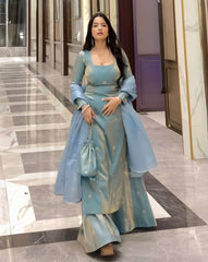 Ready To Wear Cyan Fandy Silk Embroidery Work Palazo Suit With Dupatta