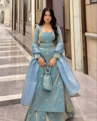 Ready To Wear Cyan Fandy Silk Embroidery Work Palazo Suit With Dupatta
