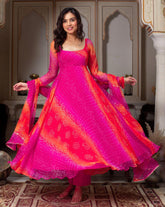 Exclusive Pink & Yellow Silk Printed Anarkali Suit With Dupatta