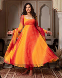 Exclusive Pink & Yellow Silk Printed Anarkali Suit With Dupatta