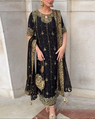 Ready To Wear Black Soft Georgette Embroidery Work Pakistani Suit With Dupatta
