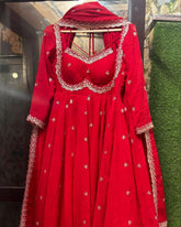 Ready To Wear Hot Red Soft Georgette Embroidery Work Anarkali Gown With Dupatta