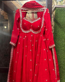Ready To Wear Hot Red Soft Georgette Embroidery Work Anarkali Gown With Dupatta