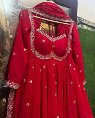 Ready To Wear Hot Red Soft Georgette Embroidery Work Anarkali Gown With Dupatta