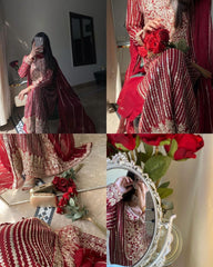 Ready To Wear Red Soft Georgette Sequence Work Pakistani Suit With Dupatta