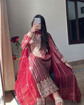 Ready To Wear Red Soft Georgette Sequence Work Pakistani Suit With Dupatta