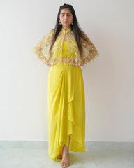 Corn Yellow Crep Embroidery Work Dhoti With Blouse And Koti