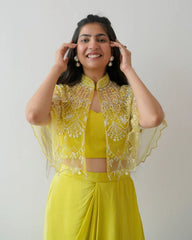 Corn Yellow Crep Embroidery Work Dhoti With Blouse And Koti