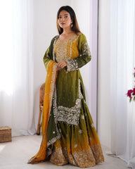 Green & Yellow Chinon Silk Embroidery Work Gharara Suit With Dupatta