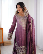 Mauve Chinon Silk Embroidry Work Gharara Suit With Dupatta