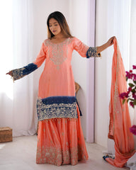 Orange Chinon Silk Embroidery Work Gharara Suit With Dupatta
