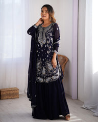 Blue Soft Georgette Embroidery Work Sharara Suit With Dupatta